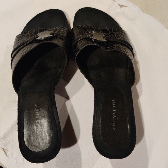 Black Pebbled Leather Easy Spirit Wedge Sandal Size 8.5w - Picture 4 of 6